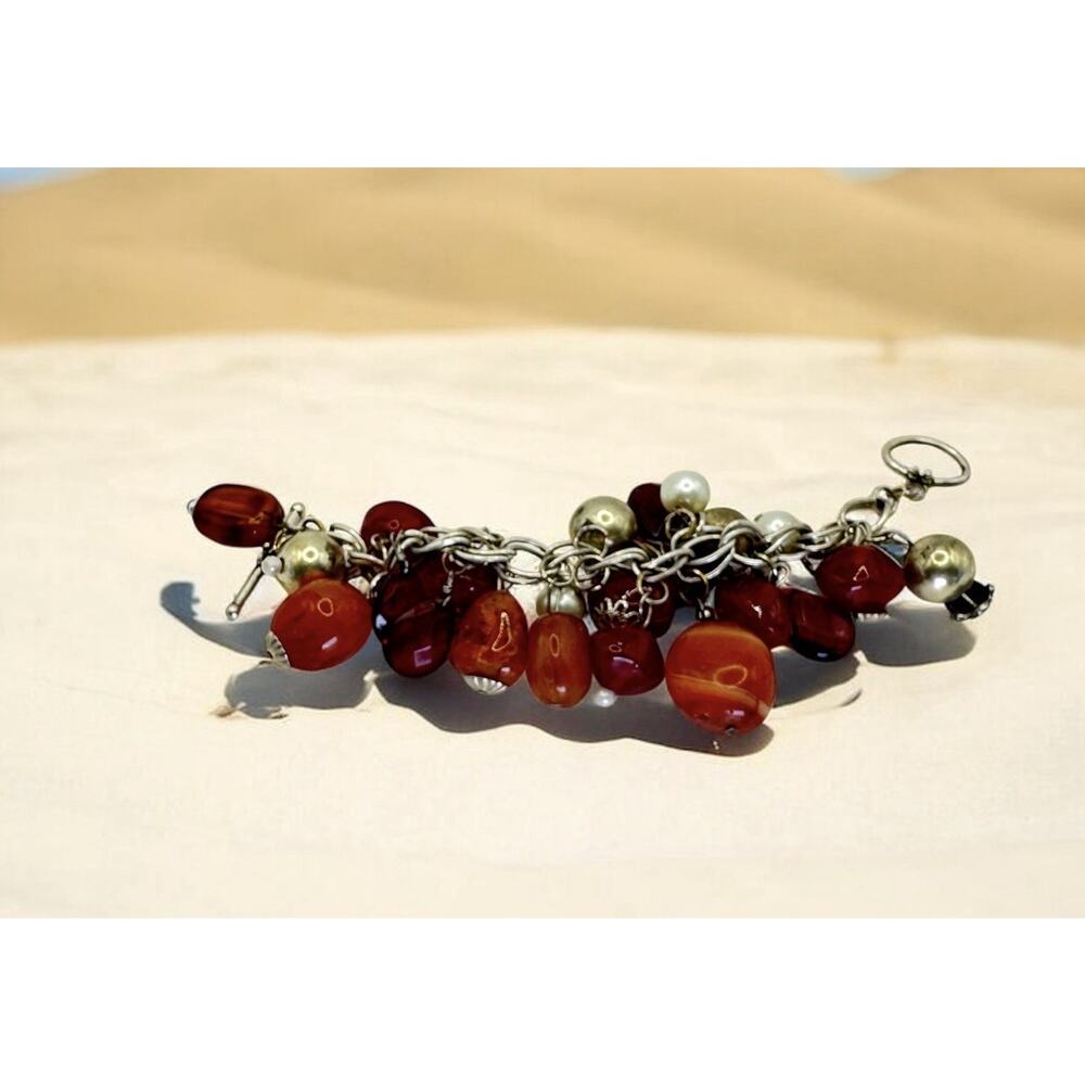 Vintage BoHo Style Silver Tone Bracelet w/ Red Agate Glass Faux Pearls 7"